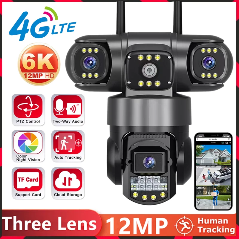 4G Three Lens PTZ IP Camera Outdoor 6K 12MP Three Screen Security Camera Auto Tracking Wireless CCTV Camera Waterproof V380