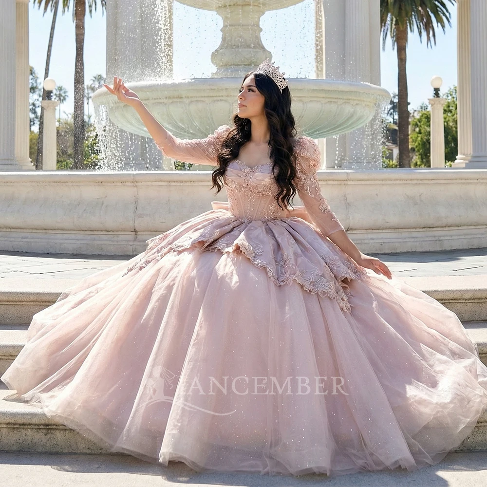 

Customized Pink Quinceanera Dress Ball Gown Ruffles Beading Tiered Corset Sweet 16 Vestidos De XV 15 Anos Long Sleeves