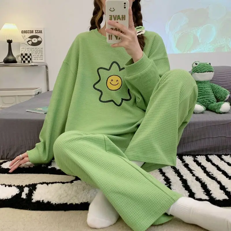 New Lovely Pajama Ladies Spring Autumn Pyjamas Waffle Long Sleeve Nightgown Loose Casual Sleepwear Crew-neck Printed Home Wear