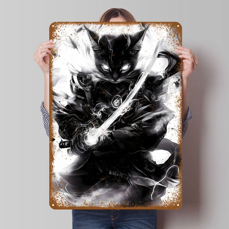 Черная абyssinian Cat Samurai, знак животного, аниме-плакат, винтажное украшение для гостиной, металлический знак на заказ для настенного художественного украшения