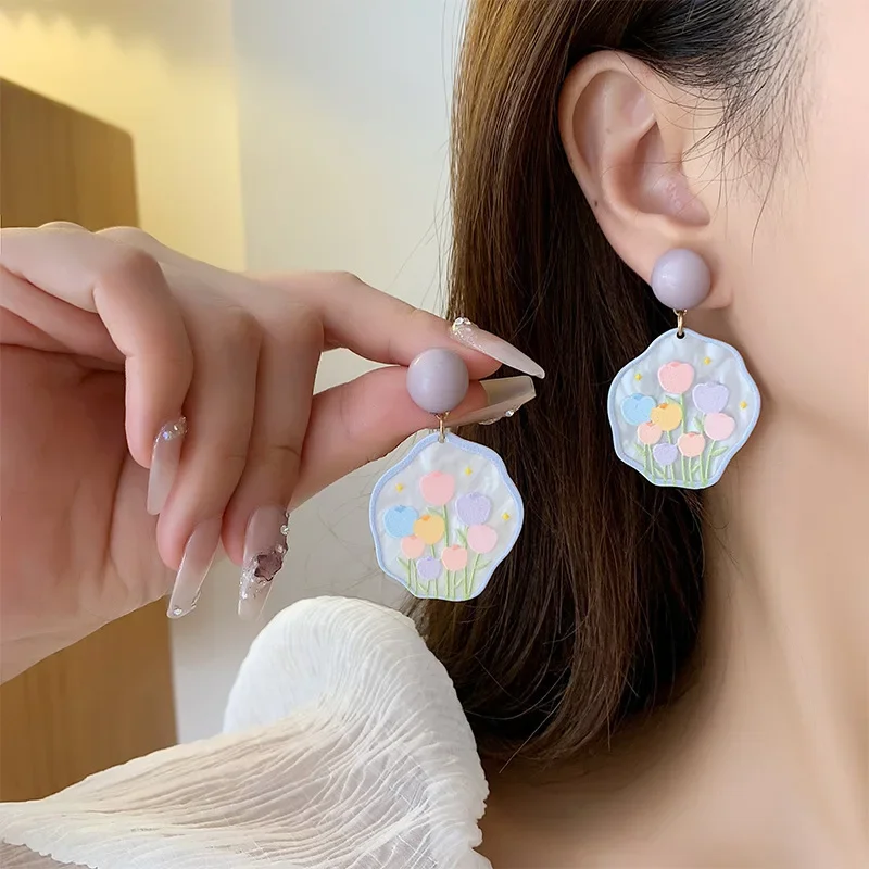 Colorful Tulip Flower Acrylic Ear Clips Earrings Elegant Exaggerated Geometric Clip Earrings Without Ear Holes for Women Gifts