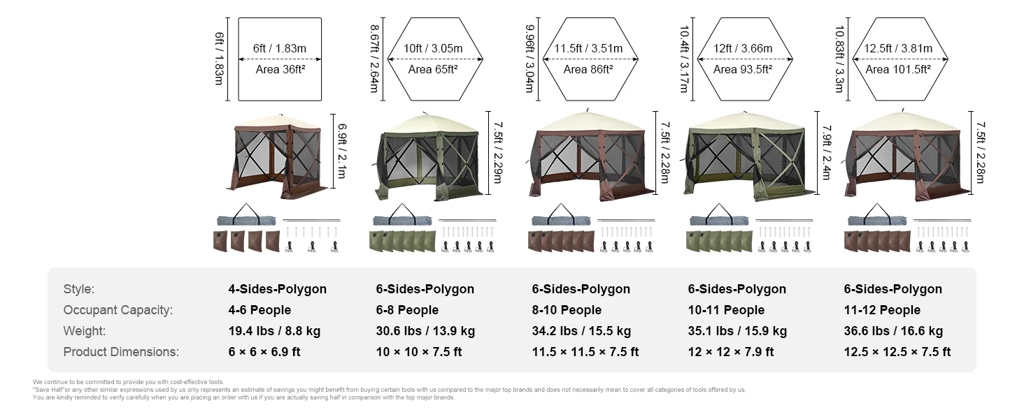 SucceBuy Pop-up tuinhuisje tent, pop-up scherm tent 6-zijdige luifel zonnescherm met 6 verwijderbare privacy winddoeken en mesh-ramen