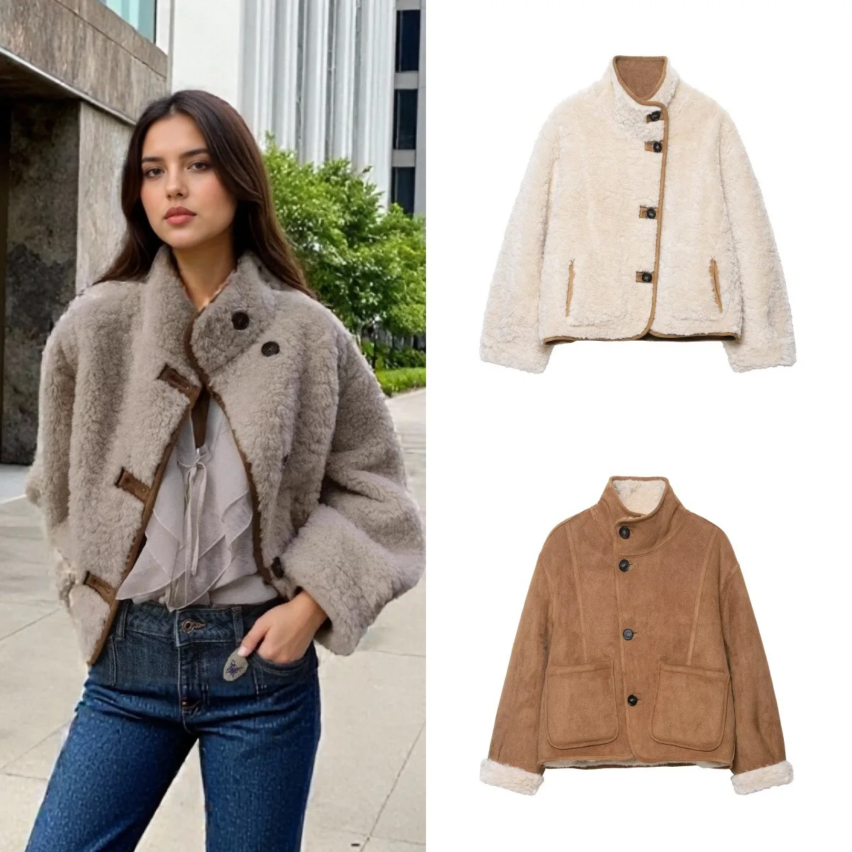 Otoño Invierno moda abrigos cortos de doble cara chaqueta de gamuza para mujer chaquetas con botones de manga larga abrigo de ocio de calle alta para mujer