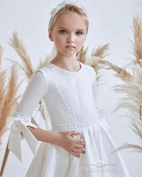 2026 White Satin Elegant Flower Girl Dress For Wedding Half Sleeve Lace With Bows Ball Gown First Communion Dresses for Girls