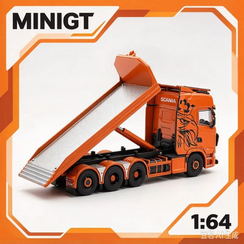 MINIGT 1:64 Scania 770S B8x4NA transport heavy-duty truck die-cast alloy car model tabletop ornament collectible souvenir.