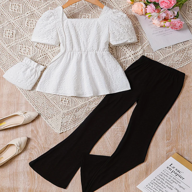 

Two Piece Summer Girl Girl Cute Solid Color Bubble Sleeve Speaker Belt Bag Set Princess Casual Daily Birthday Party Dress