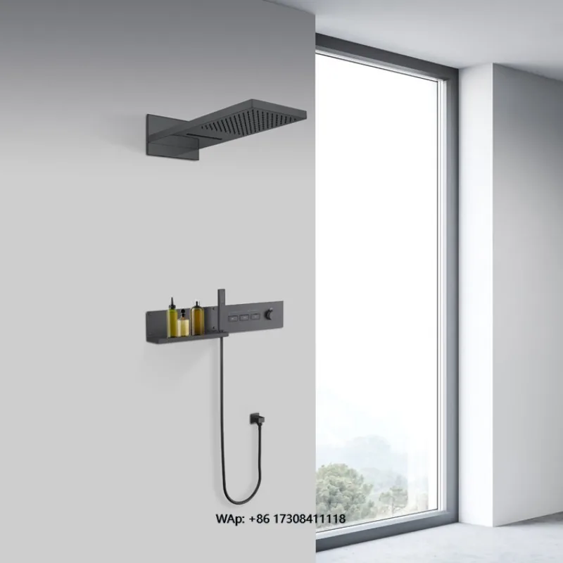 Rainfall Wall Mounted Top Shower and Manual Shower Set Brass Wall Mounted Bathroom Waterfall Shower Faucet Set