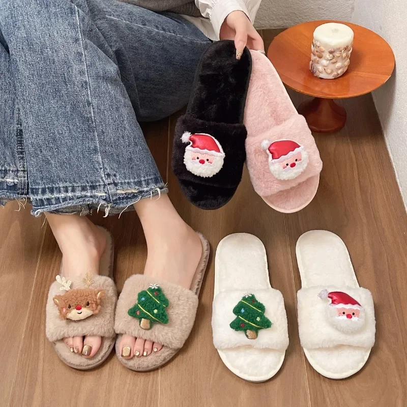 2025 جديد كبير الحجم الشتاء موضة نعال قماش عيد الميلاد المفتوحة تو المفتوحة الفراء نعال من القطن أحذية الملاعب المغطاة للنساء حذاء مسطح #6