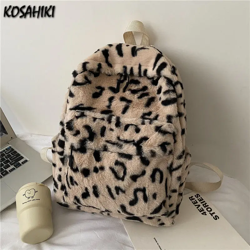 Personality Fashion Leopard Fluffy Rucksack Y2k Preppy Casual Harajuku Backpack High-capacity Vintage Grunge Students Schoolbags