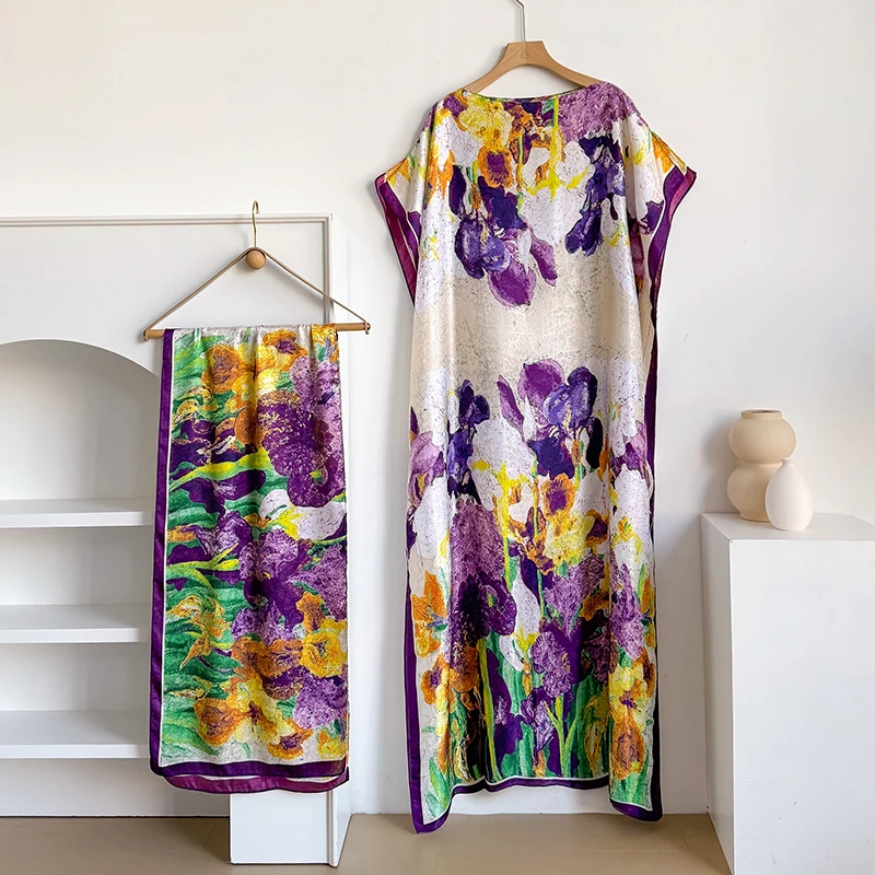 Women's Summer Fashion Kaftan Dress with Big Scarf Loose Muslim Ladies Abaya African Casual Flower Shawl Robe by MOOMOO