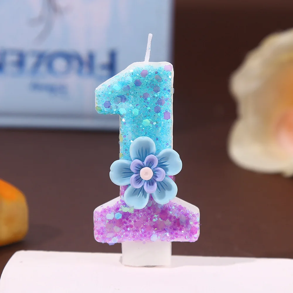 Blue Five-petal Flower Birthday Candles, 0-9 Number Candles. Sequined Dessert Cake Plugin. Party Atmosphere Decoration.