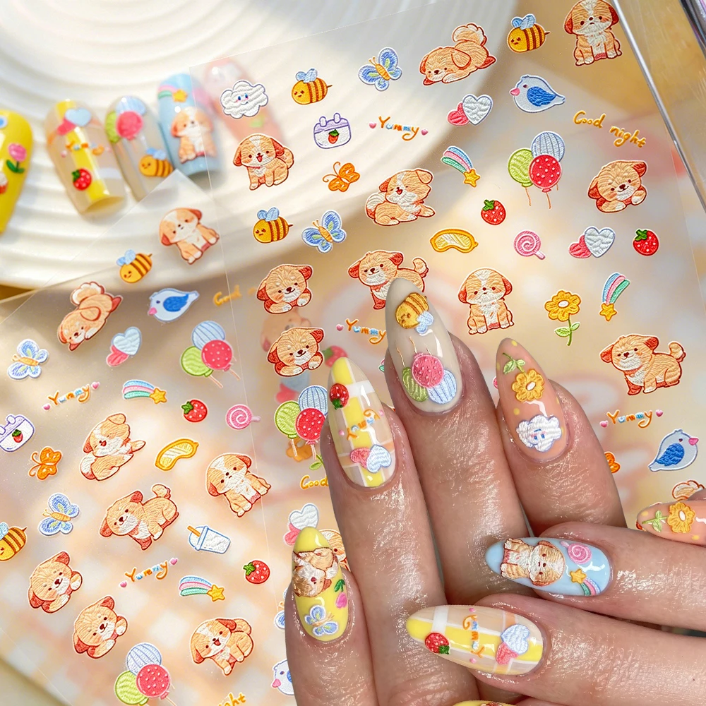 

5D Embossed Adorable Oil Painting Puppy Flower Nail Sticker 1Sheet Cartoon Bee Birds Butterfly Dog Nail Decals Kawaii Nail Decor