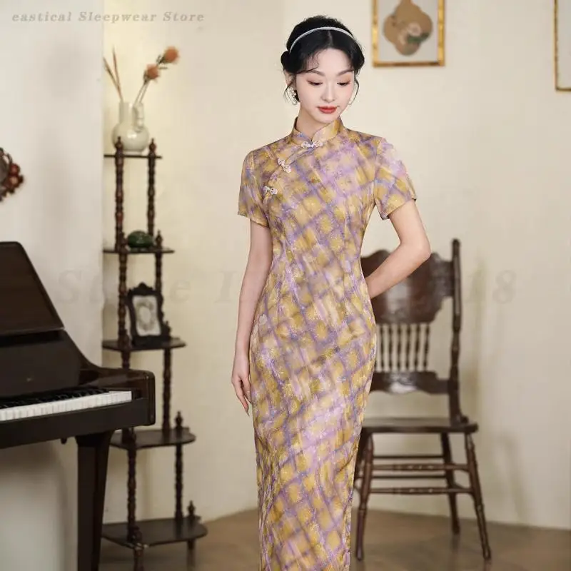

Yellow Checkered Artistic Style Qipao Elegant New Chinese Cheongsam Oversized 3XL 4XL Traditional Dress Oriental Retro Vestidos