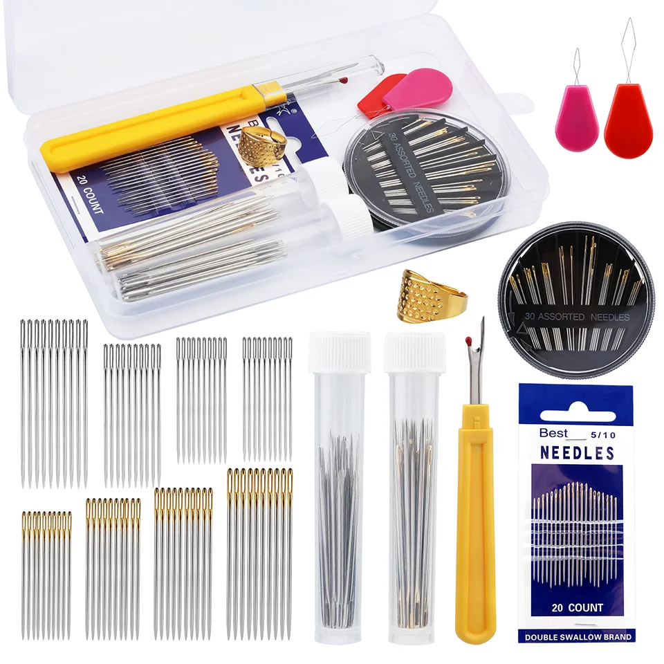 IMZAY Hand Sewing Needles Set with Large Eye Premium Stitching Needles Seam Ripper Plastic Threader and Thimble for Hand Repair