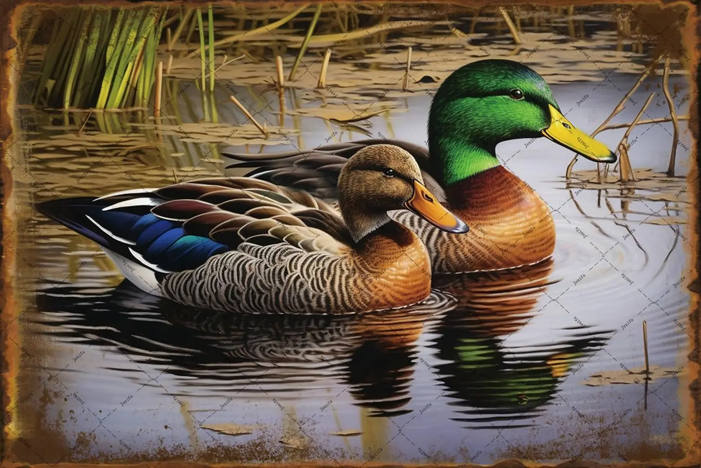 Two Mallard Ducks Swimming Metal Tin Signs Wild Birds Animal Tin Signs Ducks Tin Sign For Outdoor Indoor Lake Garden Country Bed