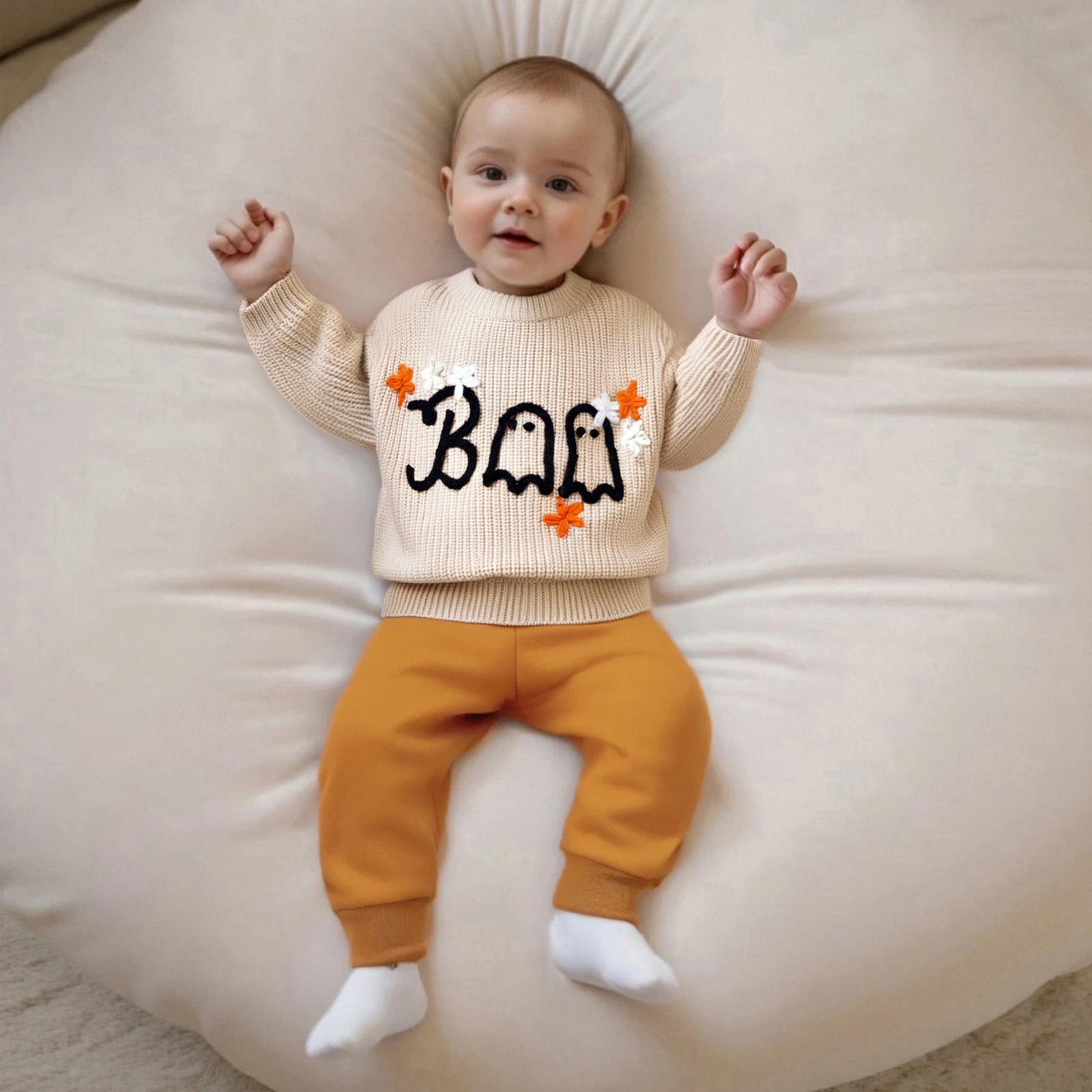 Toddler Baby Halloween Sweater Ghost Flower Letter Embroidered Crewneck Long Sleeve Pullover Chunky Knit Tops