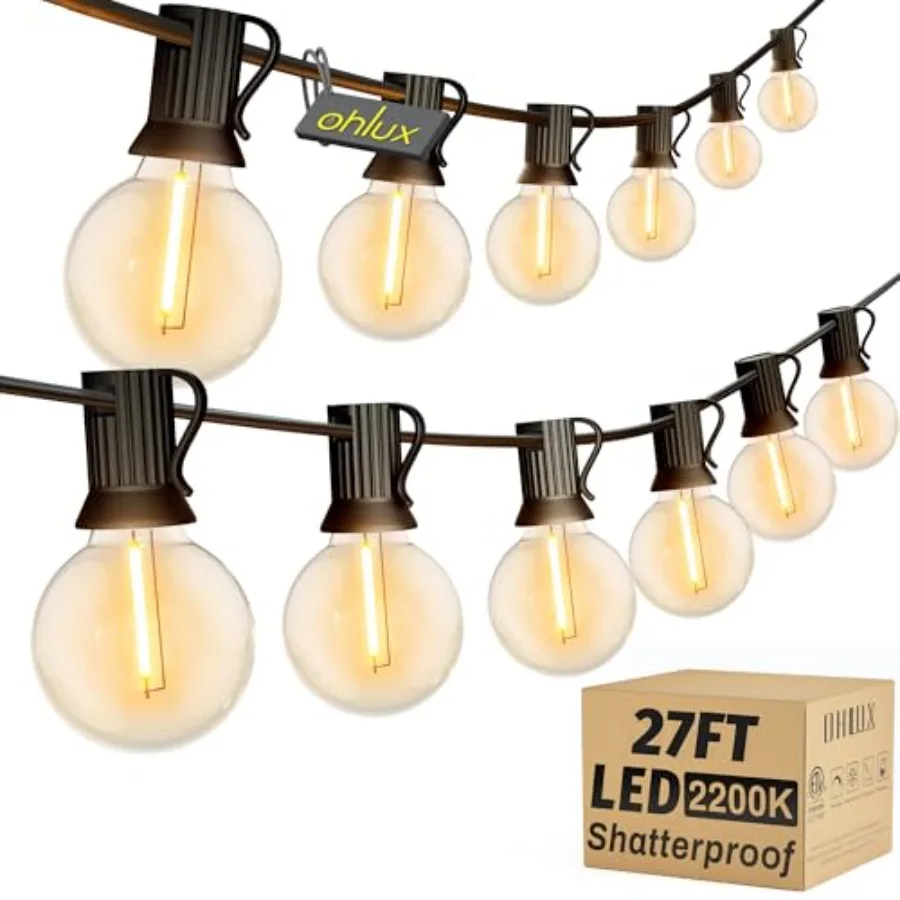 Outdoor String Lights, 27Feet LED Patio Lights with 13 Dimmable Plastic G40 Globe Bulbs 1 Spare,2200K Waterproof Connectable Ha