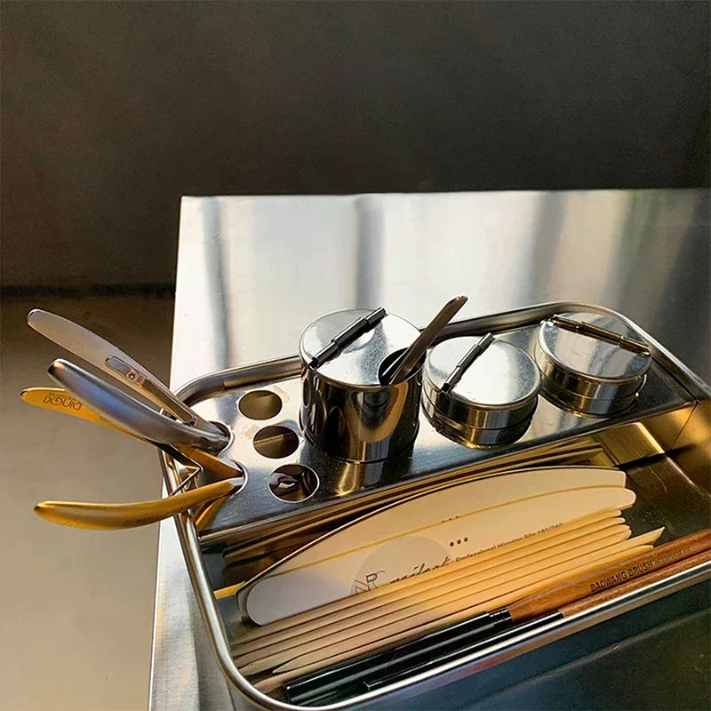 

Набор для чистки и хранения инструментов для маникюра с коробкой из нержавеющей стали, настольным лотком для хранения и дезинфекционным поддоном для принадлежностей для маникюрного салона