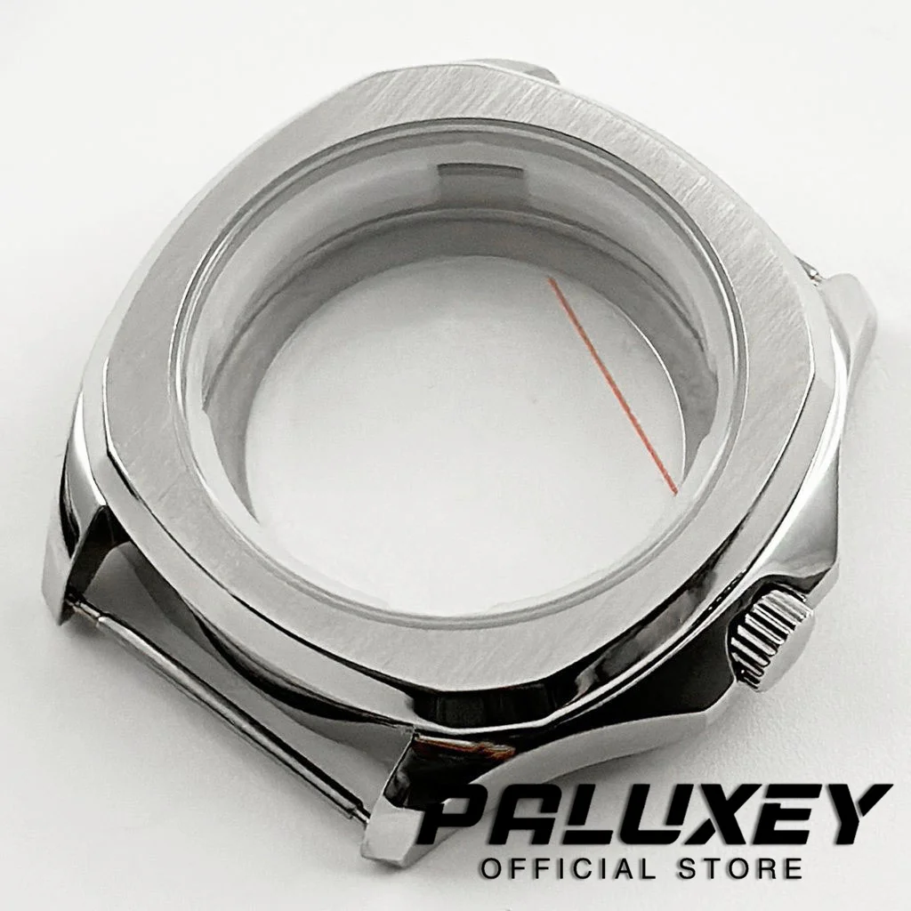 Caja de reloj de acero inoxidable, cristal de zafiro negro plateado, 40mm, compatible con NH35A, NH36A, Miyota 8215, ETA 2824, PT5000, movimiento