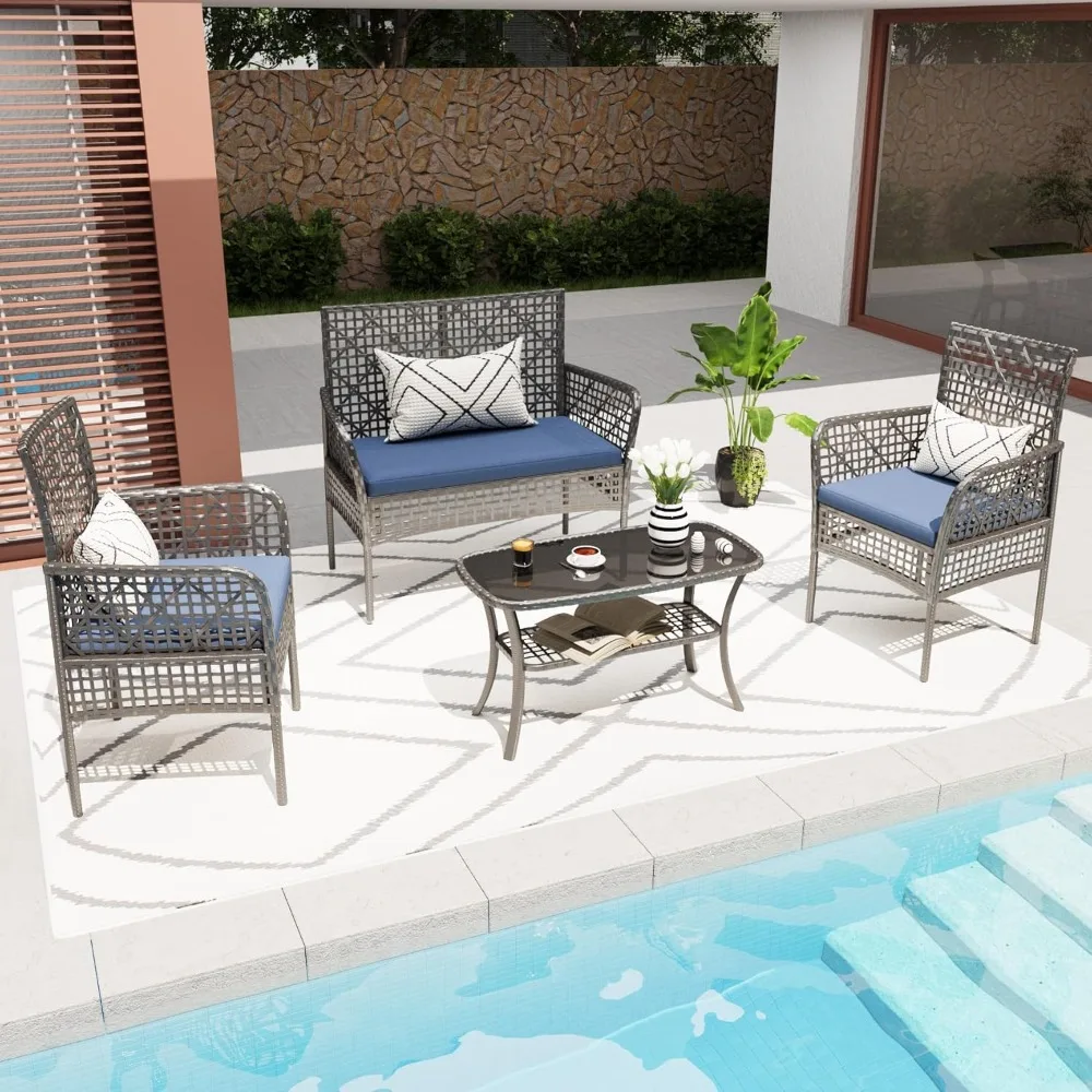 

4 Pieces Outdoor Patio Furniture Set,PE Rattan Chairs with Coffee Glass Table and Soft Cushions,Outdoor Seating Conversation Set