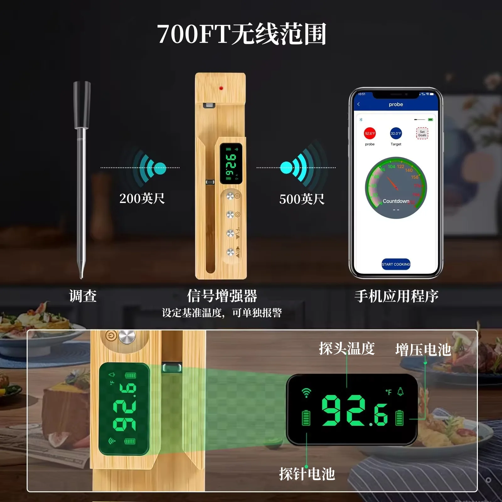 Bluetooth wireless food thermometer, ultra long, high precision barbecue thermometer with digital display