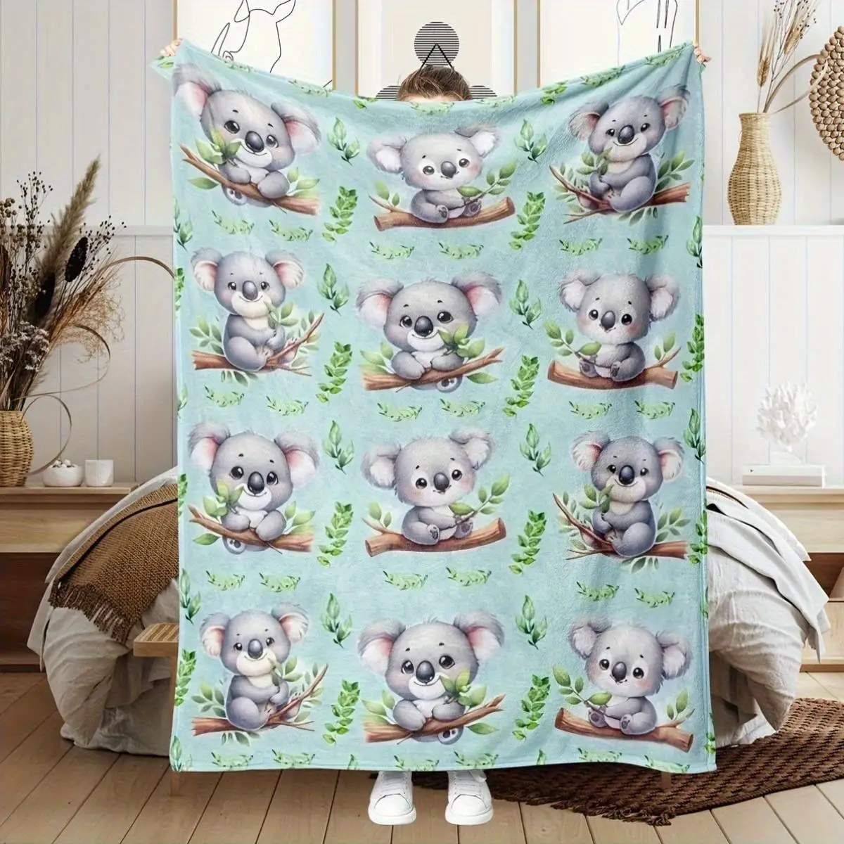 Adorable Koala Bear Print Throw Blanket Nursery Decor Baby Kids Snuggle Cozy Throw Lightweight Cotton Gift Home Accent