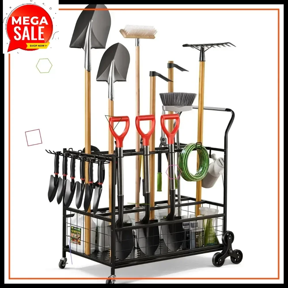 Hot-sellingHeavy-Duty Garden Tool Organizer with Stair-Climbing Wheels, Garage Storage Rack for Lawn & Yard Tools