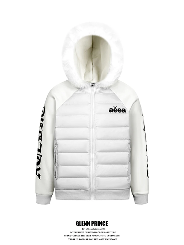 

Lightweight Printed Patchwork Sve down Jaet Men's Trendy Hooded Fur Collar Coat Casual Sle Windproof Warm Polyester Fiber