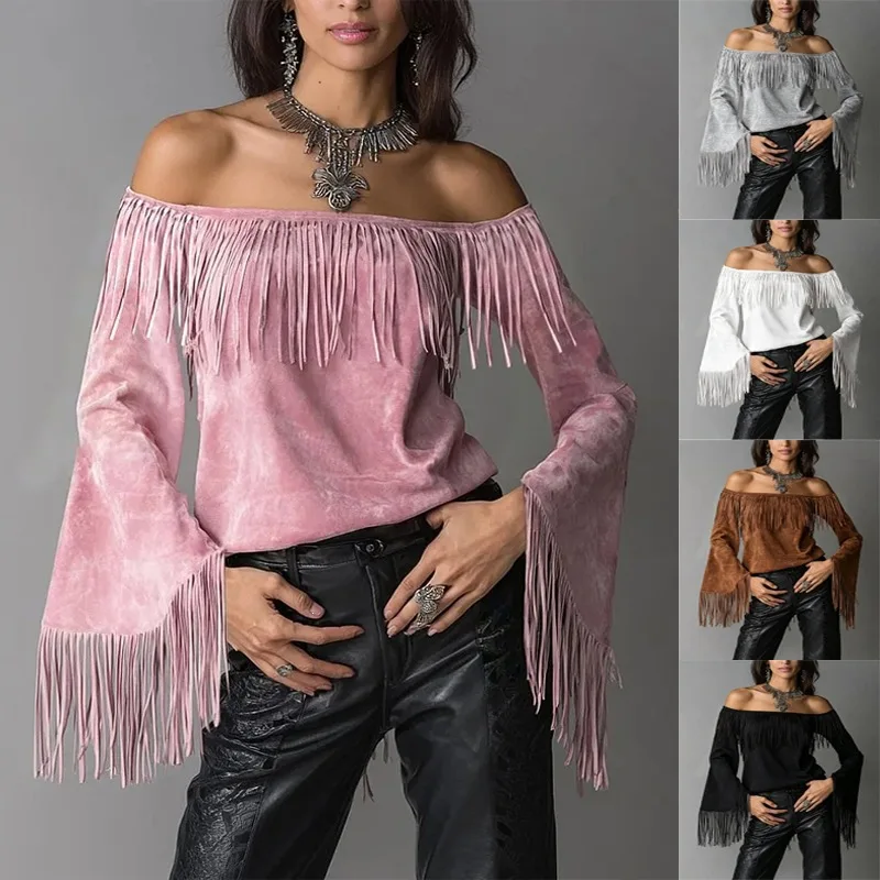 Tassel Top For Women, New Style, One-shoulder, Suede, Flared Long Sleeves, Western-style, Off-the-shoulder T-shirt Vestidos