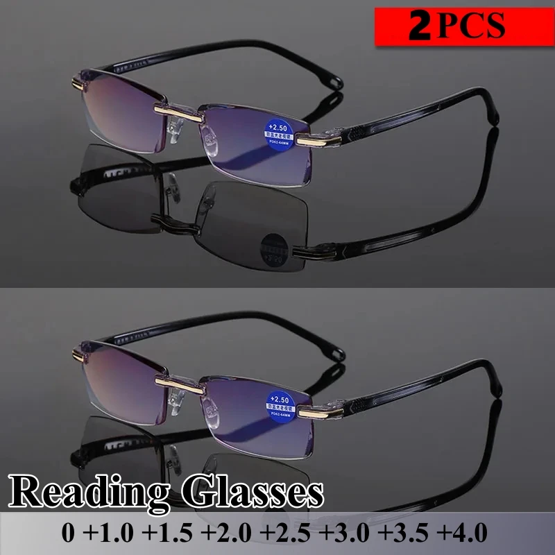 

1/2PCS Men Rimless Square Frame Reading Glasses Women Anti-blue Light Presbyopic Computer Eyeglasses Far Sight +1.5+2.0+2.5