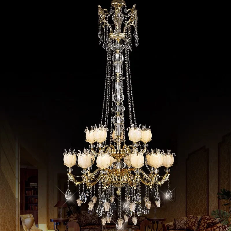 Duplex Rotating Stairs Long Crystal Chandelier European Style Villa Lobby Multi-Layer Simple European Patio Copper Lamps