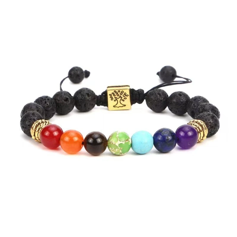 7 Chakra Lebensbaum Charm-Armbänder Herren Lava-Steine Perlen Geflochtenes Seil Handgefertigtes Armband Damen Yoga Schmuck Accessoires – Detail 5