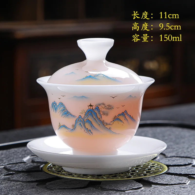 Sancai Gaiwan Thousand Miles of Rivers and Mountains Single Tea Bowl Dehua Kung Fu Tea Set High-end Ice Seed Ceramic Tea Cup