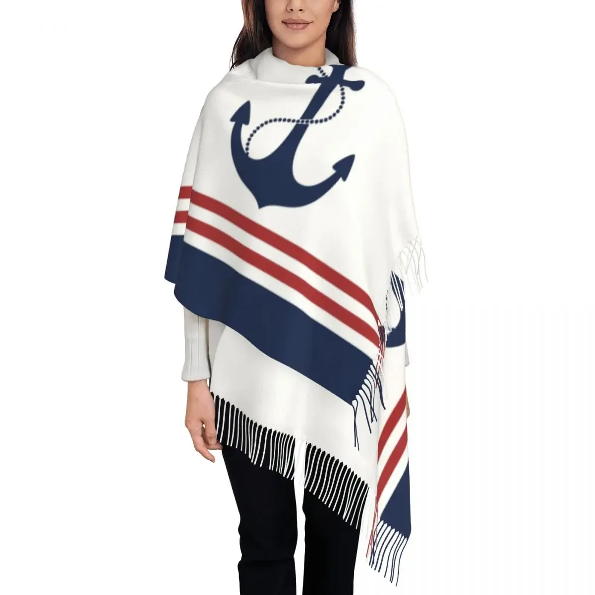 Stylish Nautical Navy Blue Anchor With Stripes Tassel Scarf Women Winter Fall Warm Shawls Wraps Lady Sailing Sailor Scarves