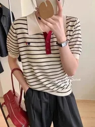 Stile straniero amore ricamo a righe seta ghiaccio lavorato a maglia manica corta donna POLO risvolto camicia sottile t-shirt allentata mezza manica