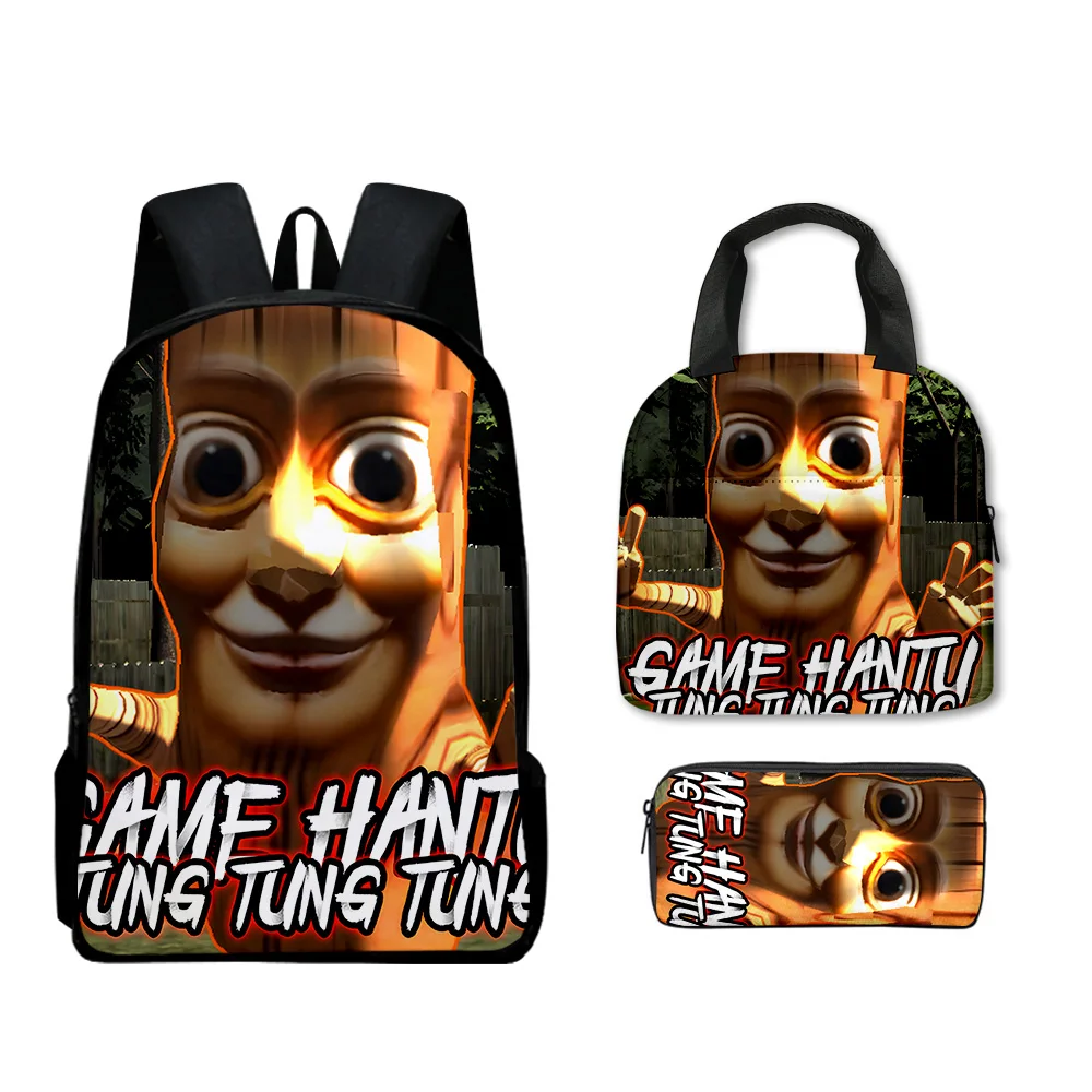 ヒップホップ人気ノベルティ面白いtungtungtung-3dプリント3個-セット生徒スクールバッグラップトップデイパックバックパックランチバッグペンシルケース