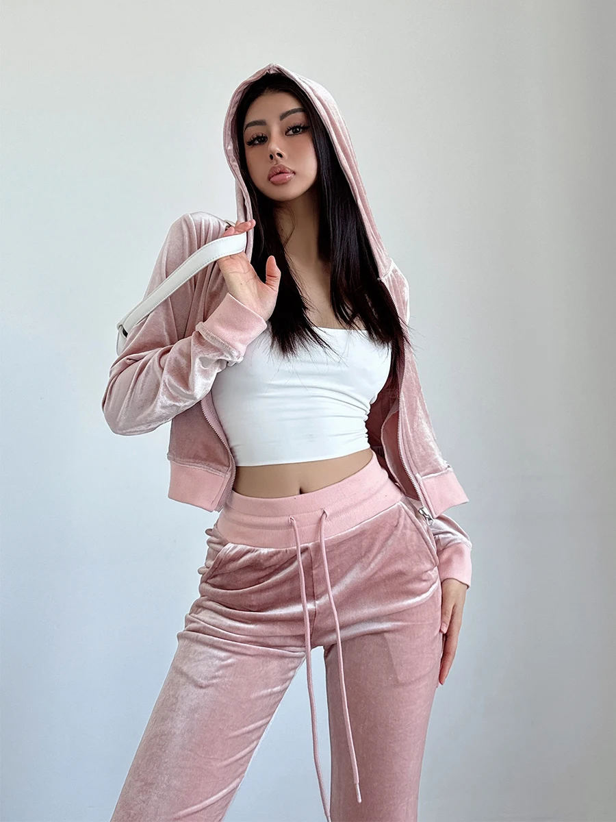 Liviahome American Sle Spicy Girl Velvet Leisure Sports Set Dames Herfst Winter Nieuwe lange broek Tweedelige set Faionable