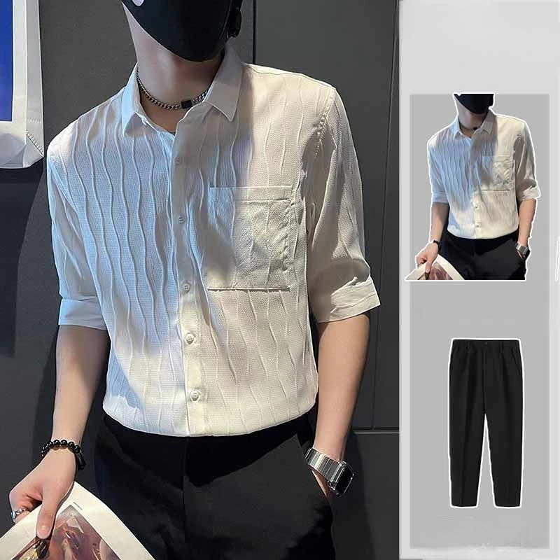 

Casual Ribbed Solid Color Two Piece Set Summer Short Sleeve Lapel Shirts and Pants Suits Fashion Mens Clothing New Outfits A53