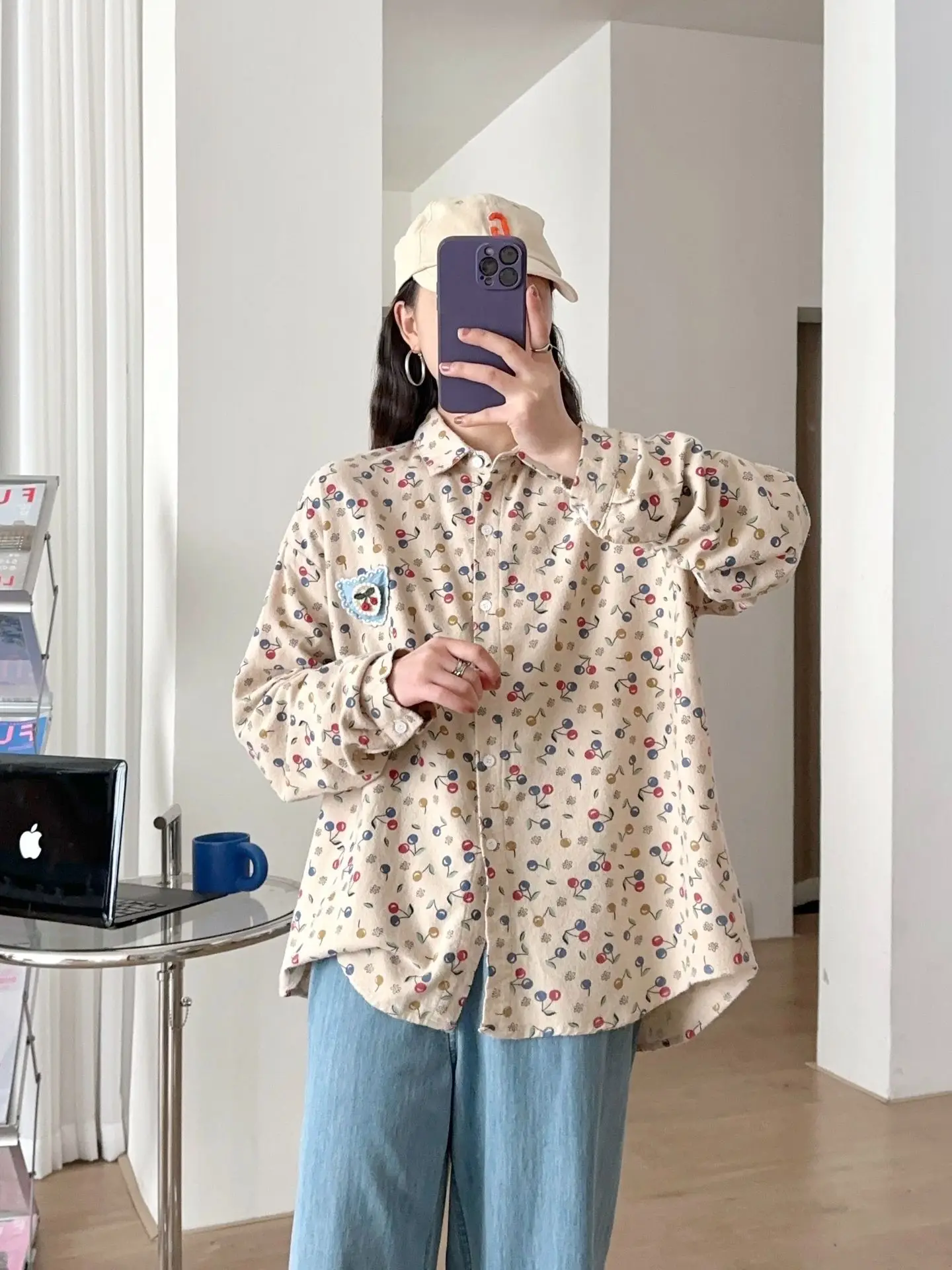 Nowa koszula z długim rękawem z bawełny na jesień 2025, damska koszula z kołnierzykiem i nadrukiem, styl Mori Girl, słodka, luźna bluzka do pracy T5O086CC