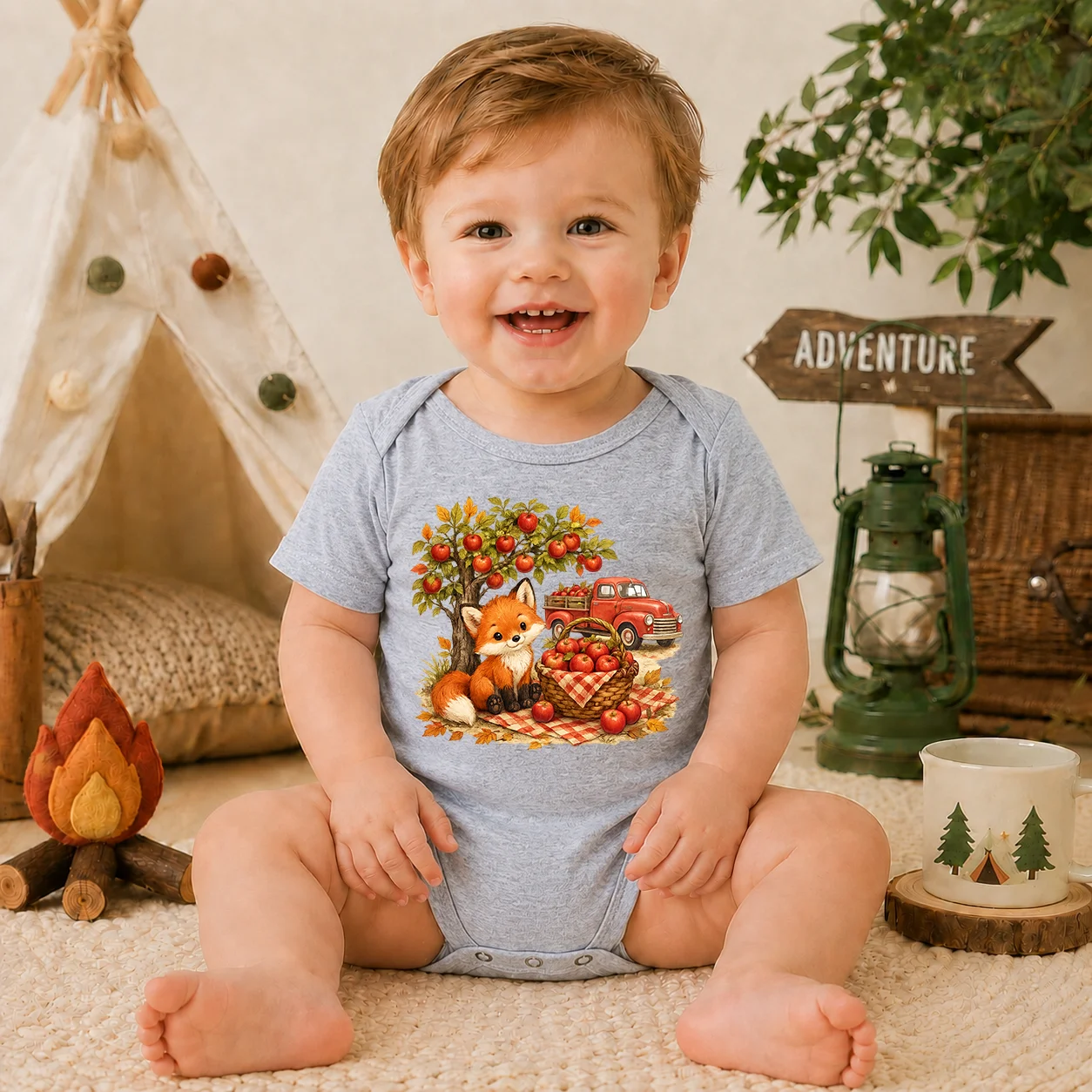 Autumn Fox Apple Truck Print Baby Bodysuit Short Sleeve Cotton Newborn Romper Infant One Piece Outfit for Boys Girls