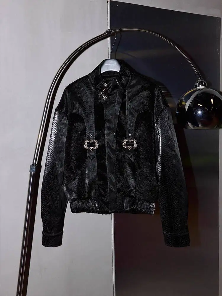 Man Leather Jacket 2025 New Snake Faux Leather Jacket Deconstructed Metal Buckle Paneled Shoulder Pad Unisex Couples Outerwear