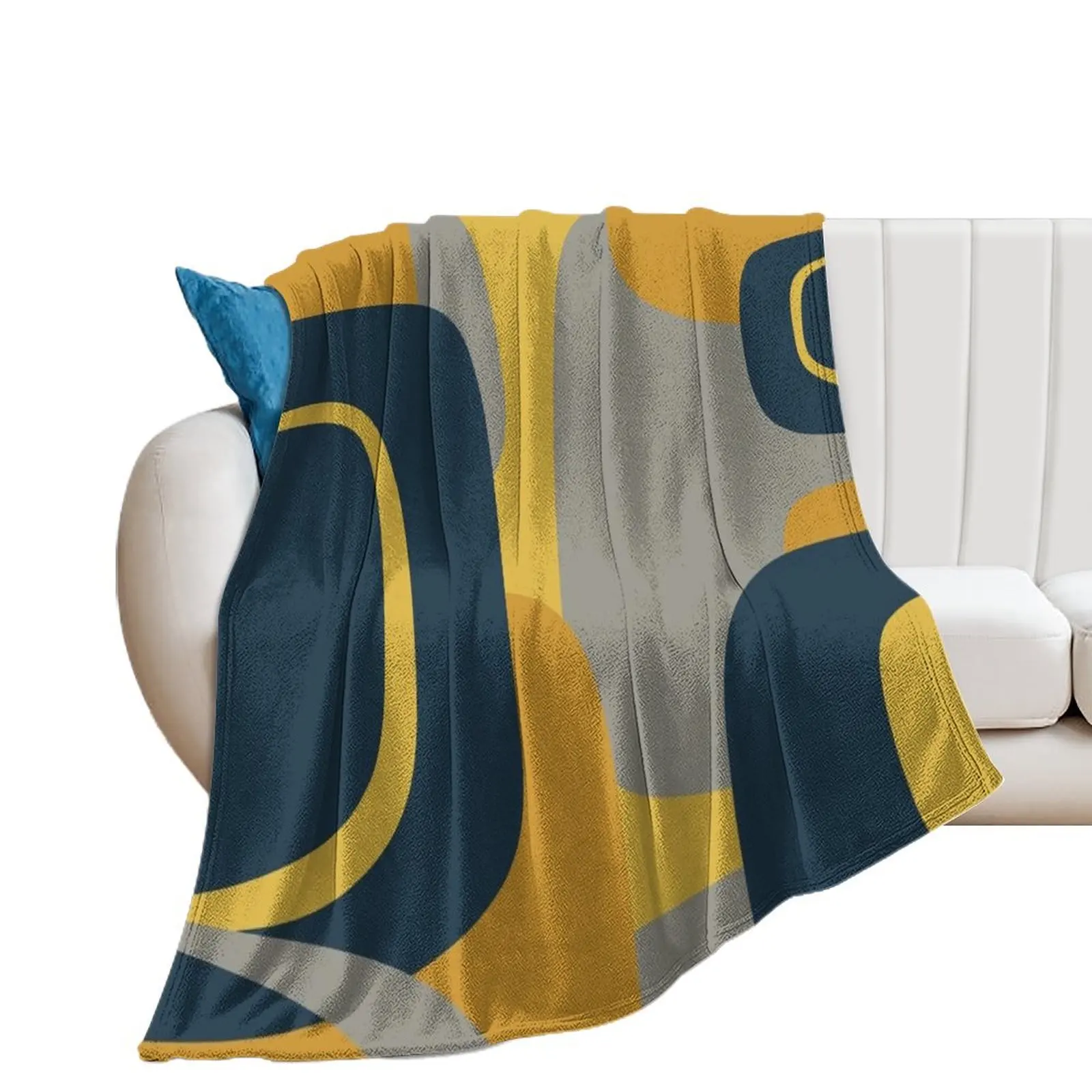 

Mid Century Modern Retro Abstract Pattern in Navy Blue, Mustard Yellow, and Gray Throw Blanket Soft Beds Plaid Camping Blankets