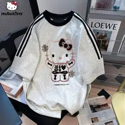 American Trend Skeleton Hello Kitty Short Sleeved T-shirt Y2k Fashion Halloween Cartoon Women's Summer Loose Chic Tops Clothes