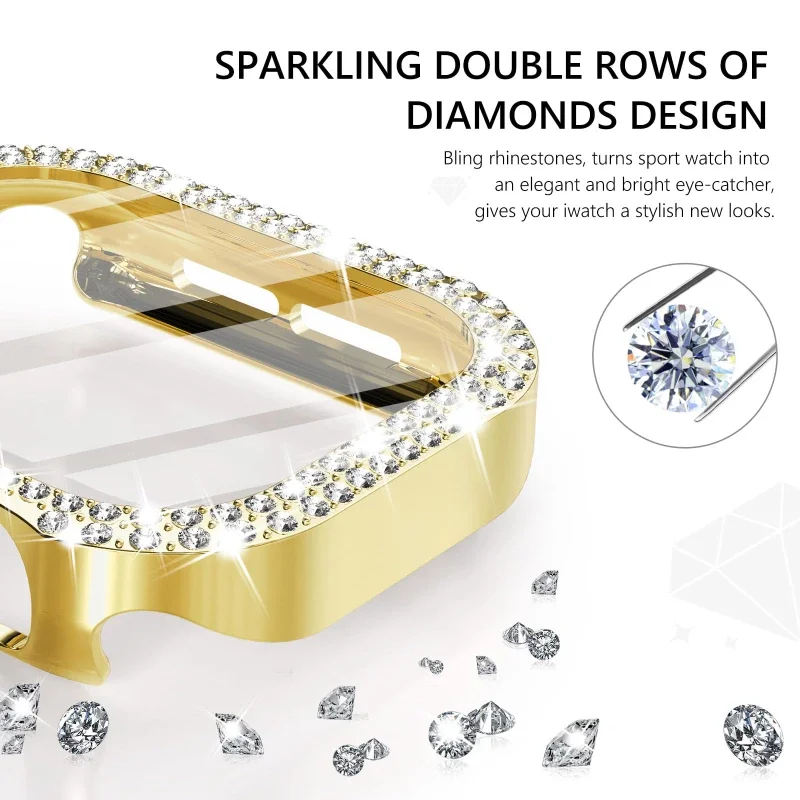Diamond Cover For Apple watch Case 45mm 41mm 38mm 42mm 44mm 40mm Tempered Glass+Bumper Screen Protector series 9 8 7 6 5 4 3 SE view 3
