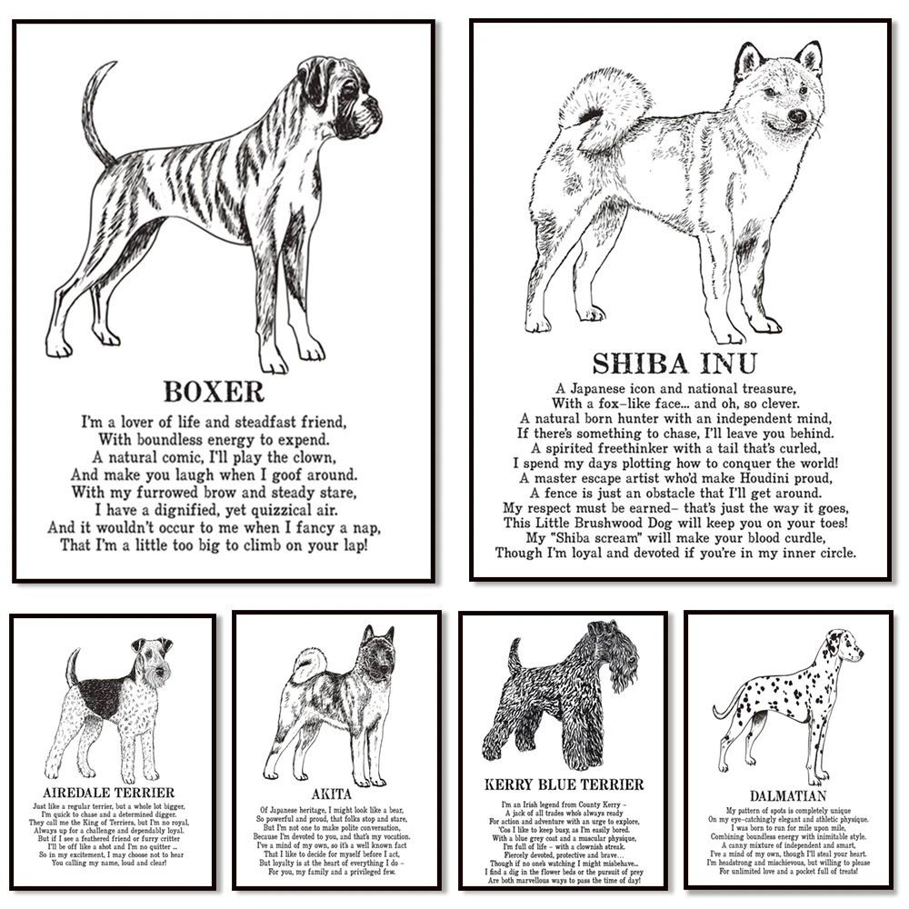 Boston Terrier, Kree Blue Terrier, Bedlington Terrier, Pembroke Welsh Corgi, Boxer, Dalmatians animal illustration poem poster