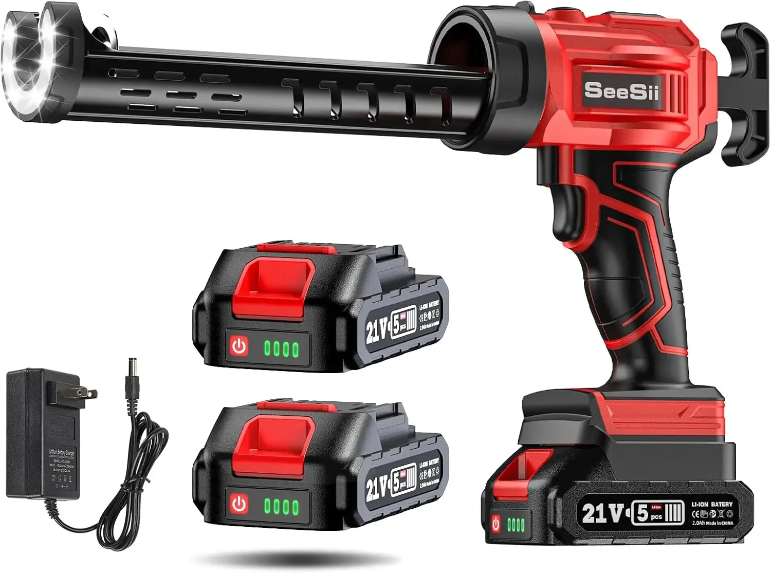 Cordless Caulking Gun, 21V Battery Powered Caulk Gun w/2 x 2.0AH Batteries, Electric Caulking Gun w/LED Light, 4 Speeds, Auto Re