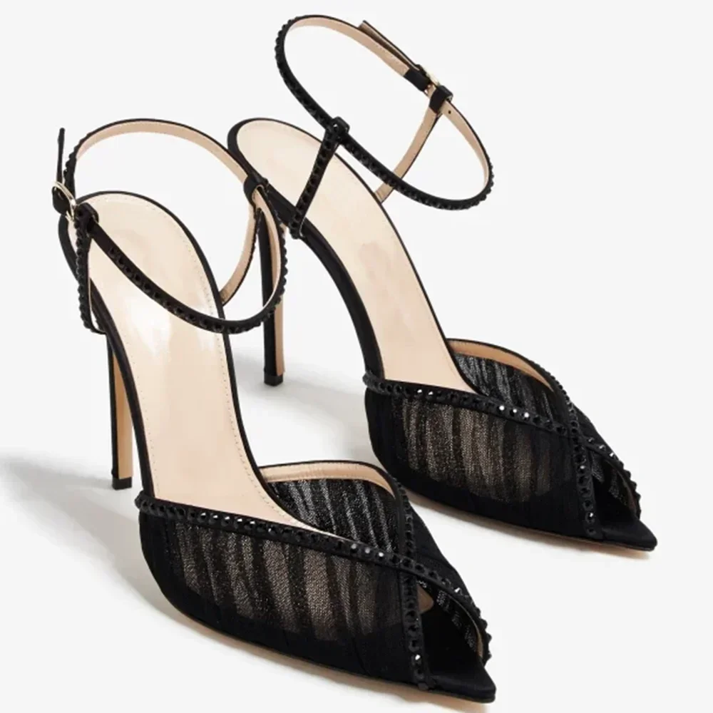 Crystal Peep Toe Ankle Buckle Strap Sandals Sexy Pointed Toe Oversize 46 Shallow New Arrials Fashion Women Modern Shoes