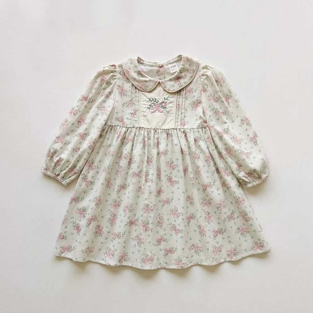 Girls Dress Spring Autumn New Children's Clothes Baby Embroidery Sweet Flower Doll Collar Long Sleeve Dresses