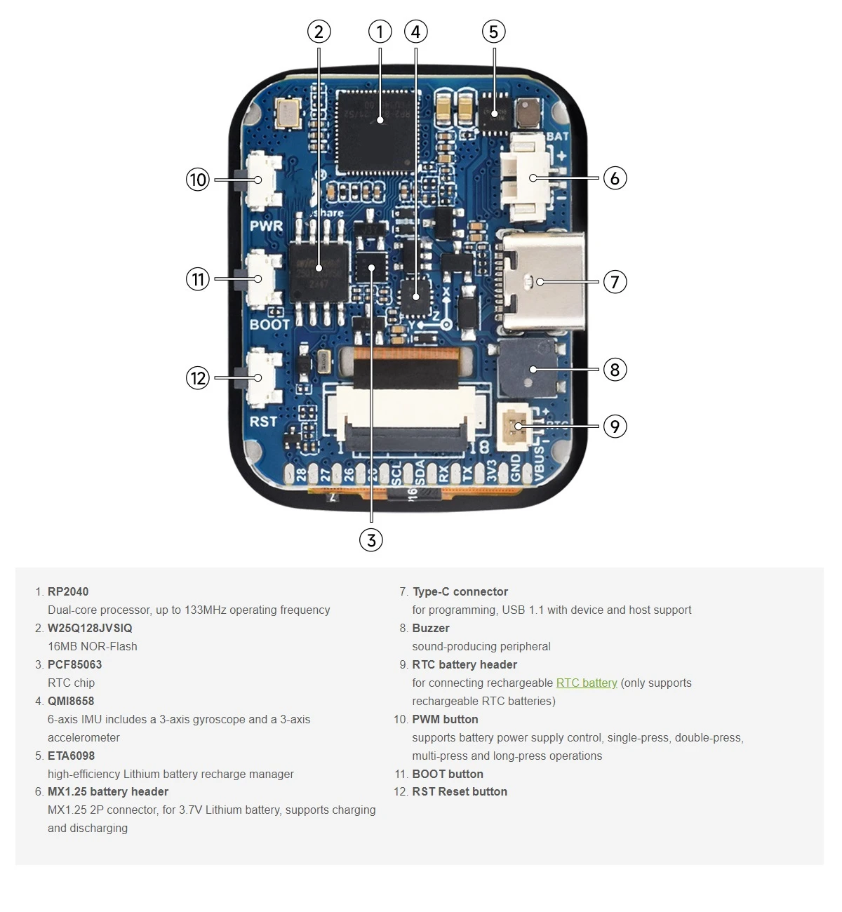 RP2040 Touch LCD Development Board 1.69-inch Rounded Touch Screen Onboard Accelerometer and Gyroscope Sensor