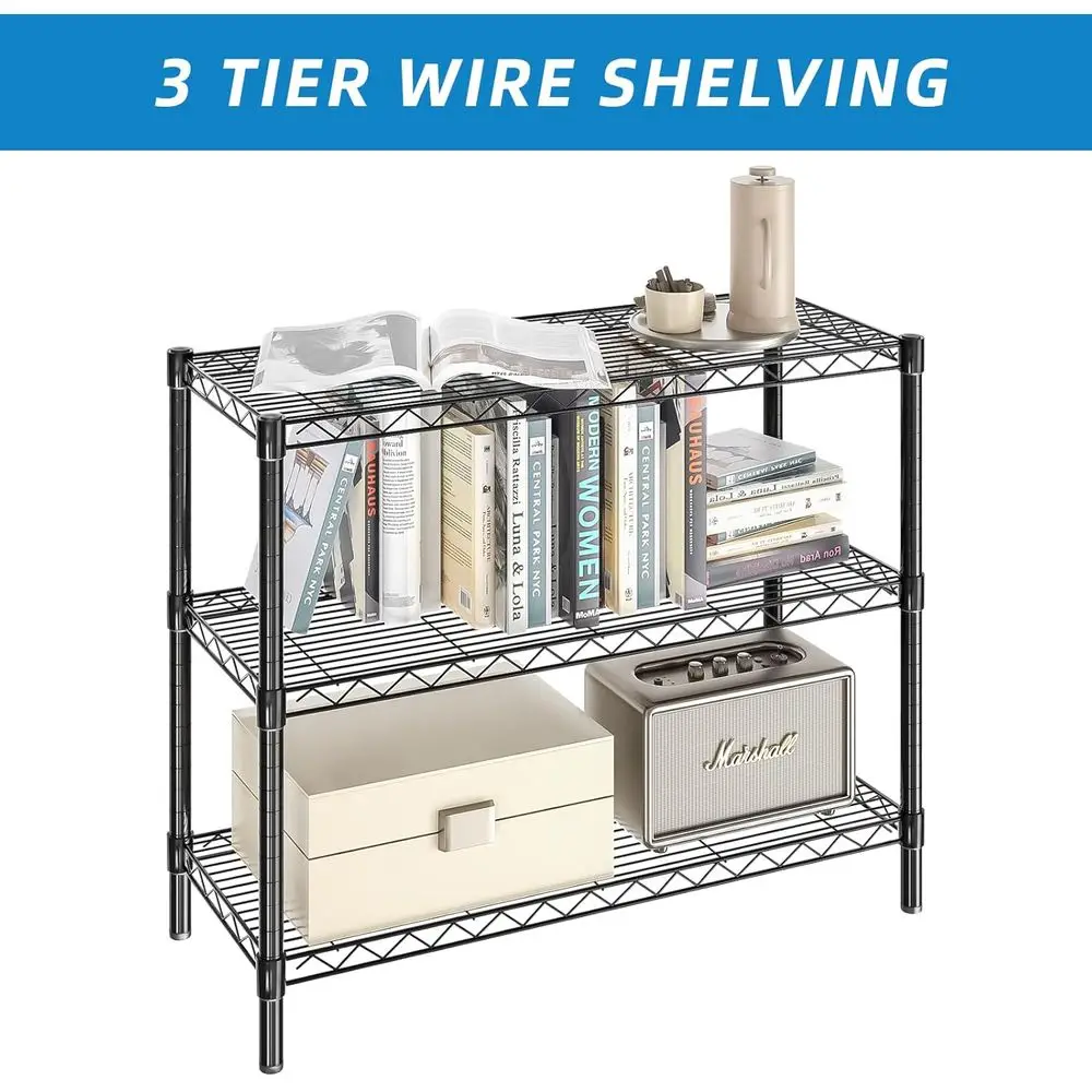 Estante de arame de metal de 3 camadas ajustável para armazenamento doméstico e de escritório - preto, 36L x 14W x 30H